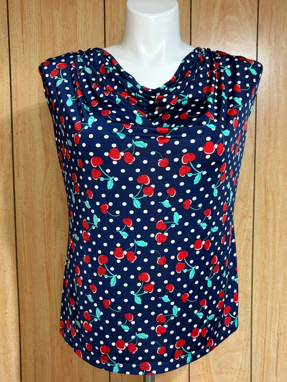 Jennie & Marlis Navy Cherry Print Cowl Neck Blouse SZ - L